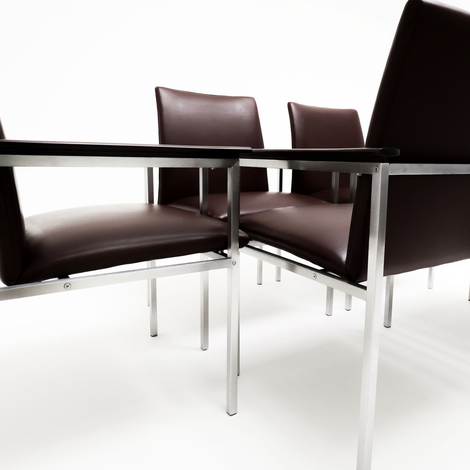 Set Of 6 Sigvard Bernadotte Vintage Danish Armchairs In Brushed Steel, Walnut And Leather photo vintage