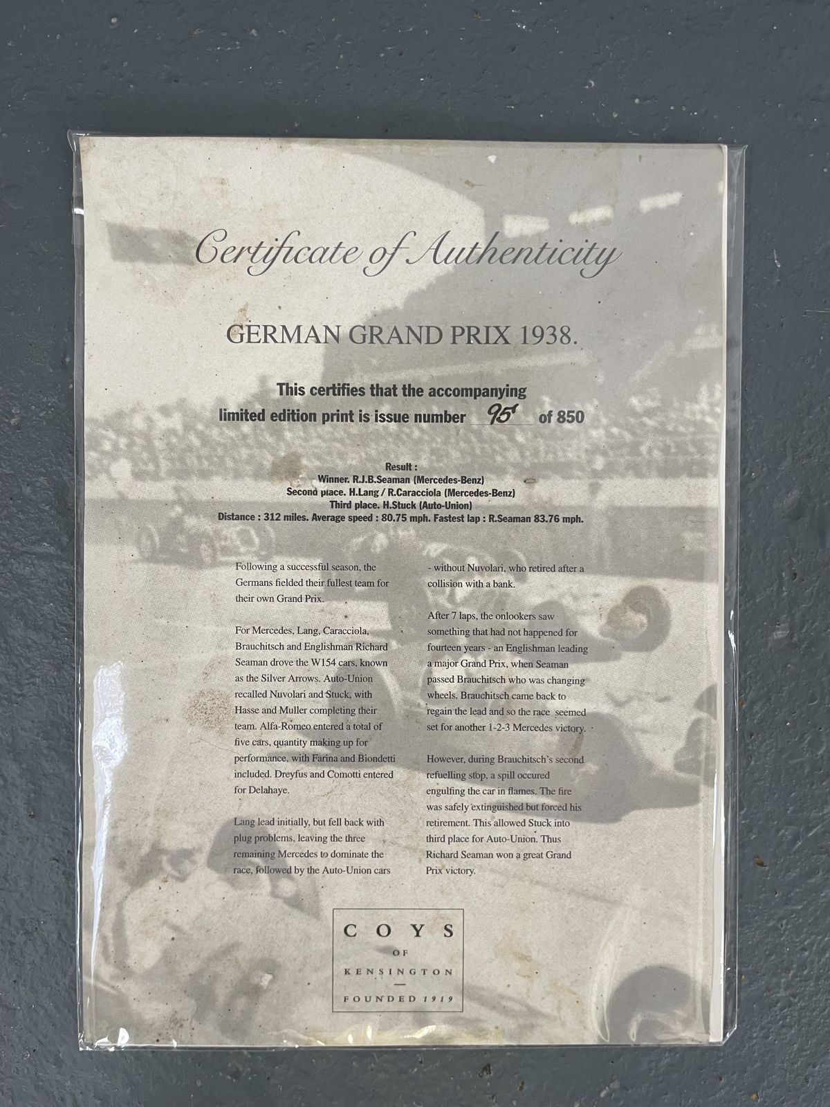 photo for sale 1938 “Grosser Preis Von Deutschland – Nürburgring” Limited Edition Print By Alfred Hierl | No. 95/850 | Produced For Coys Of Kensington