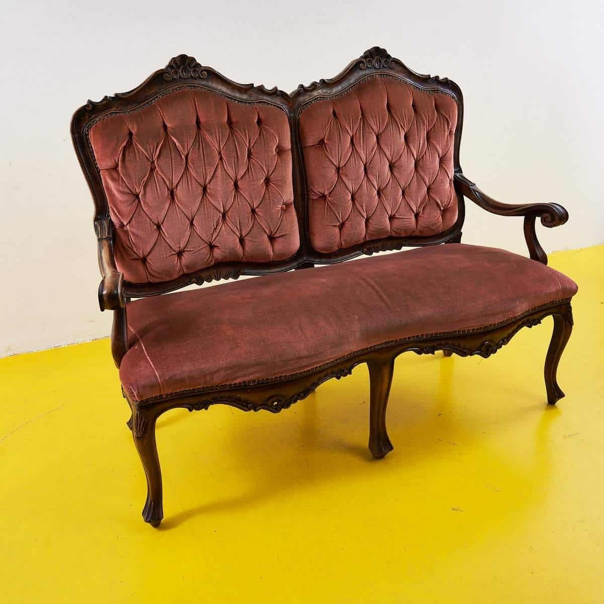 Elegant Vintage Sofa In Carved Wood And Velvet photo furniture