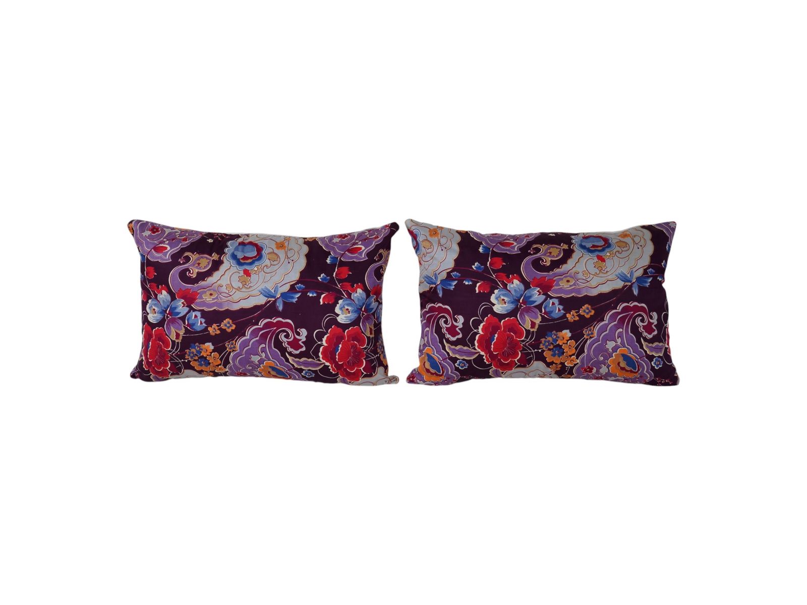 Blue And Red Floral Uzbek Roller Printed Lumbar Pillow Set, Handmade Boho Decorative Cushions