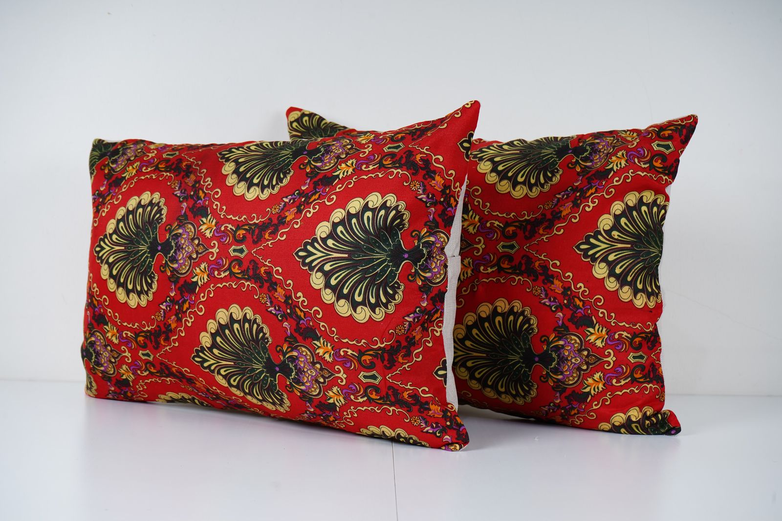 Uzbek Roller Printed Lumbar Pillow Cover, Set Of Two Red And Gold Handmade Ethnic Boho Decorative Pillows photo for sale