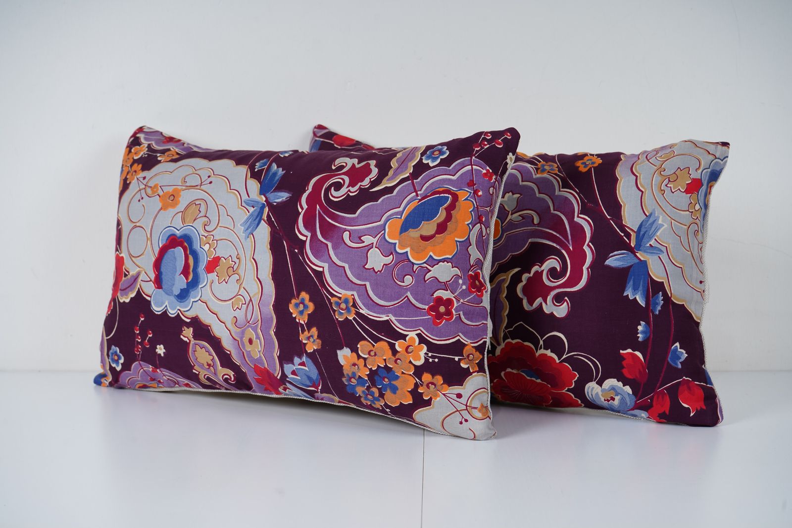 Purple Uzbek Roller Printed Lumbar Pillow Cover, Set Of Two Red Blue Orange Floral Handmade Boho Cushions photo Textiles