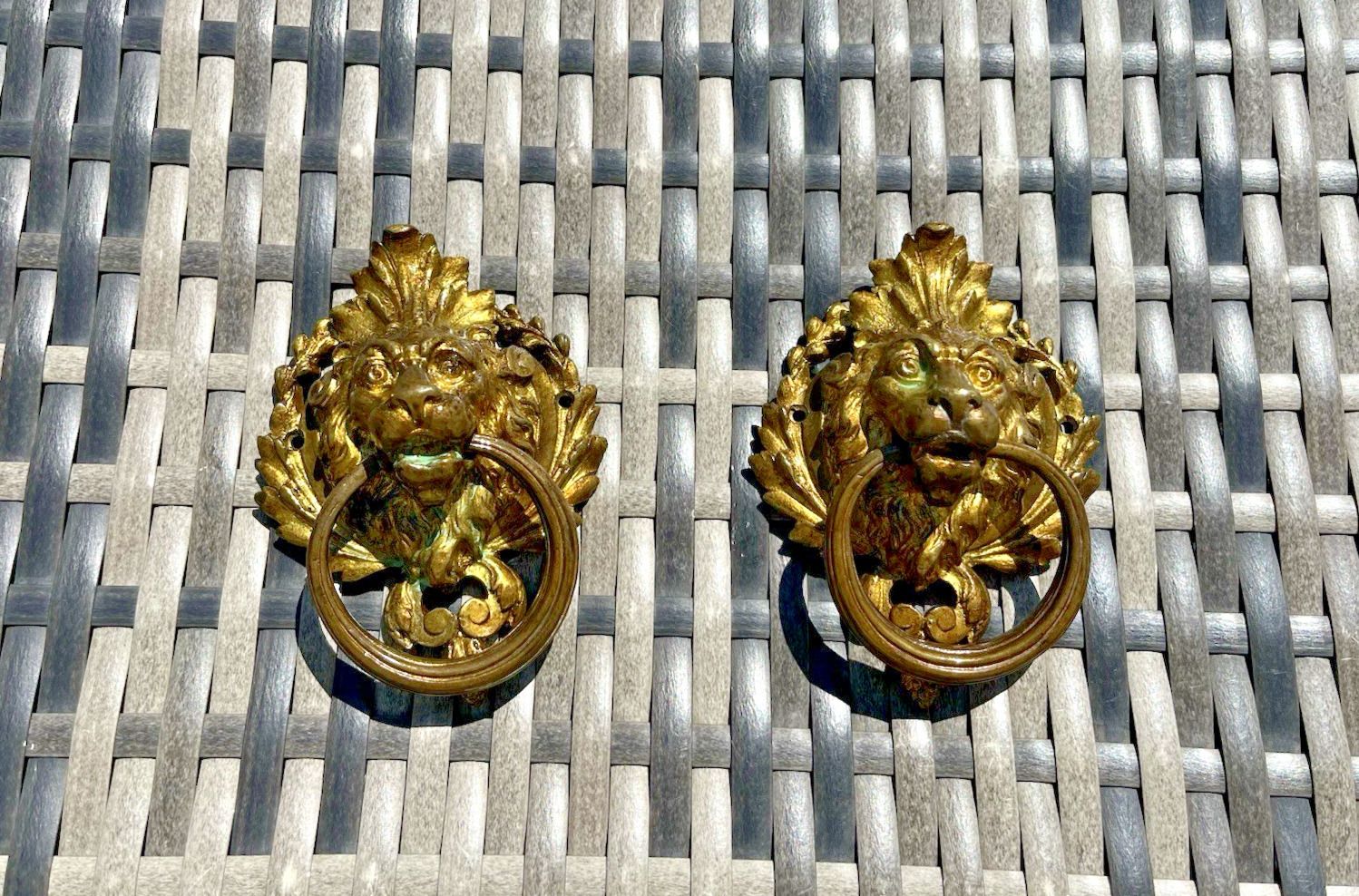 1 Quality French Antique Lions Head Mask Gilt Brass Door Knocker Or Handle Pull photo furniture