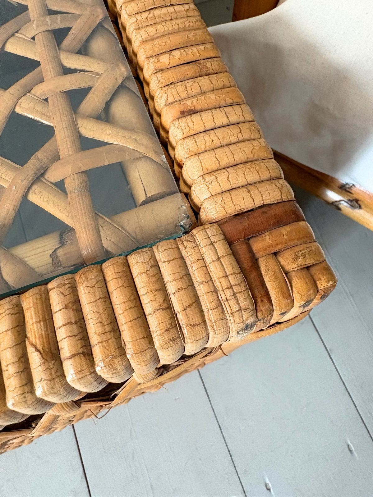 photo for sale Rattan And Glass Cube Coffee Table Mid Century C.1960