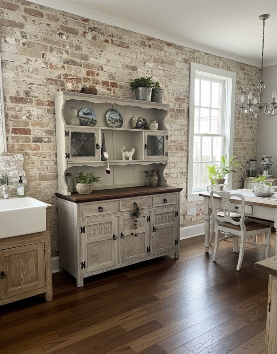 Vintage Jaycee Oak Dresser, Whitewashed Farmhouse Hutch Hand Painted Display