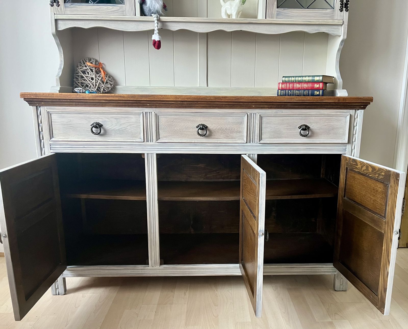 Vintage Jaycee Oak Dresser, Whitewashed Farmhouse Hutch Hand Painted Display photo vintage
