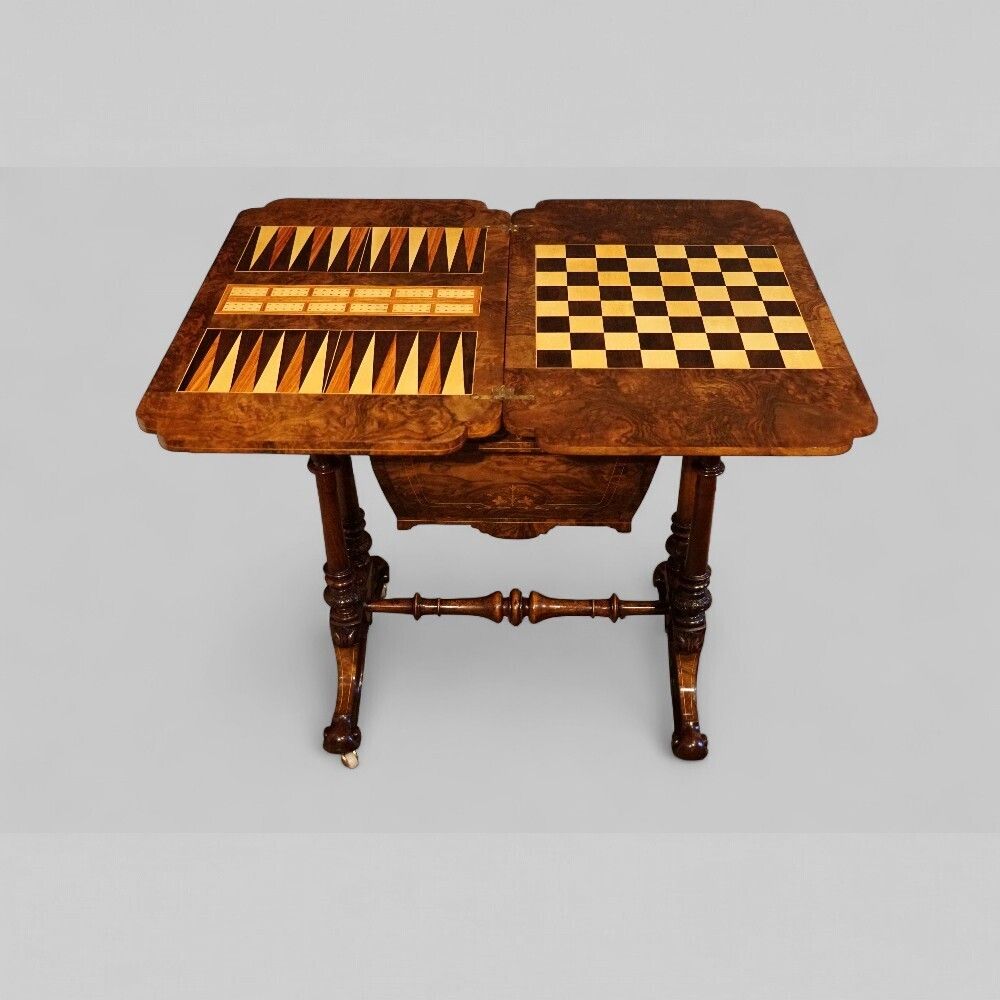 photo furniture Victorian Inlaid Burr Walnut Combined Games And Worktable