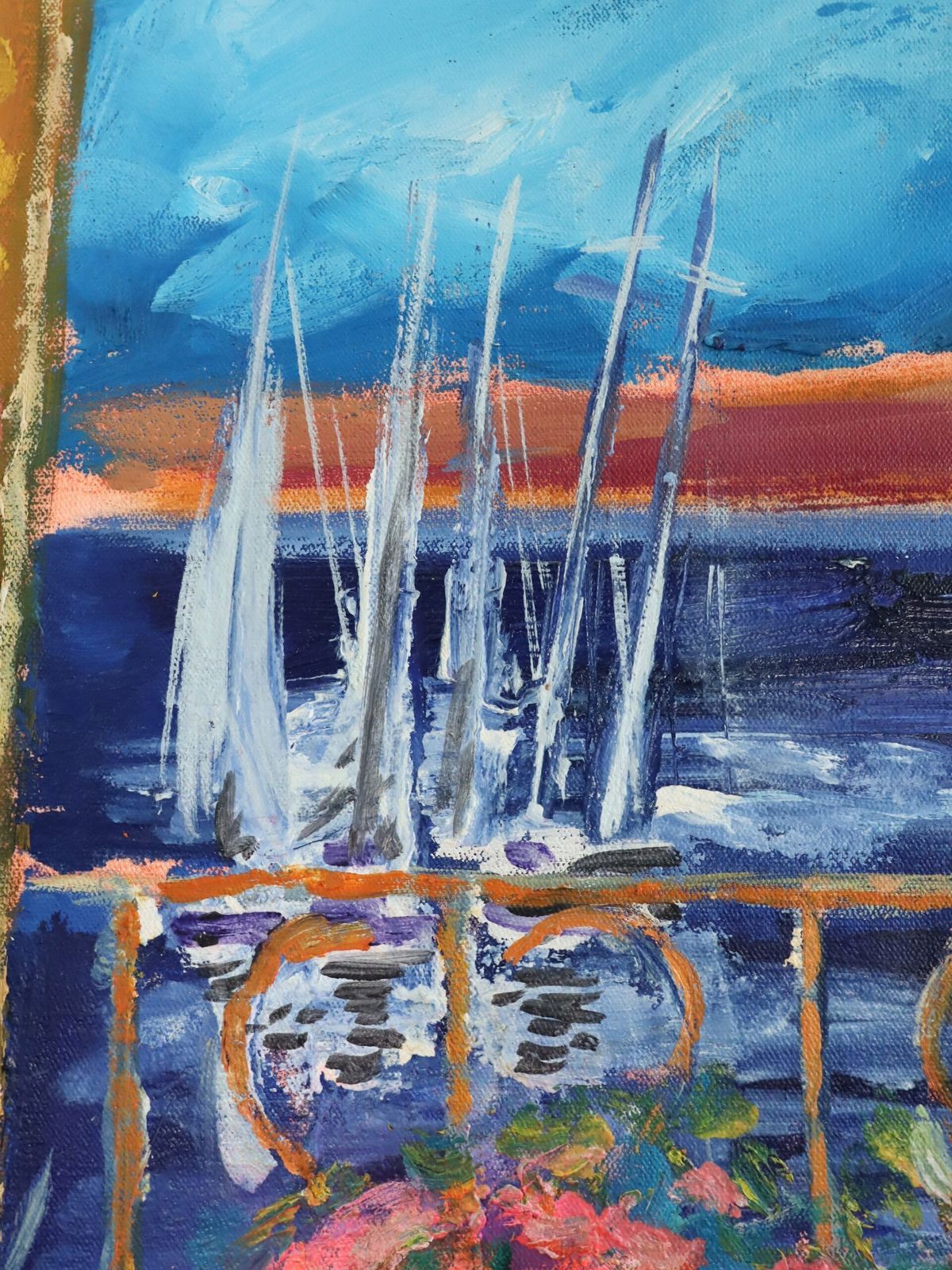 Sunlit Balcony Oil Painting, Modernist photo vintage