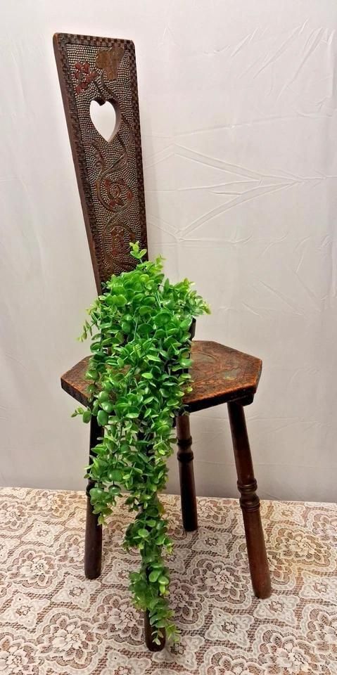 Antique Traditional Welsh Oak Spinning Chair With Intricate Leaf Carving photo vintage