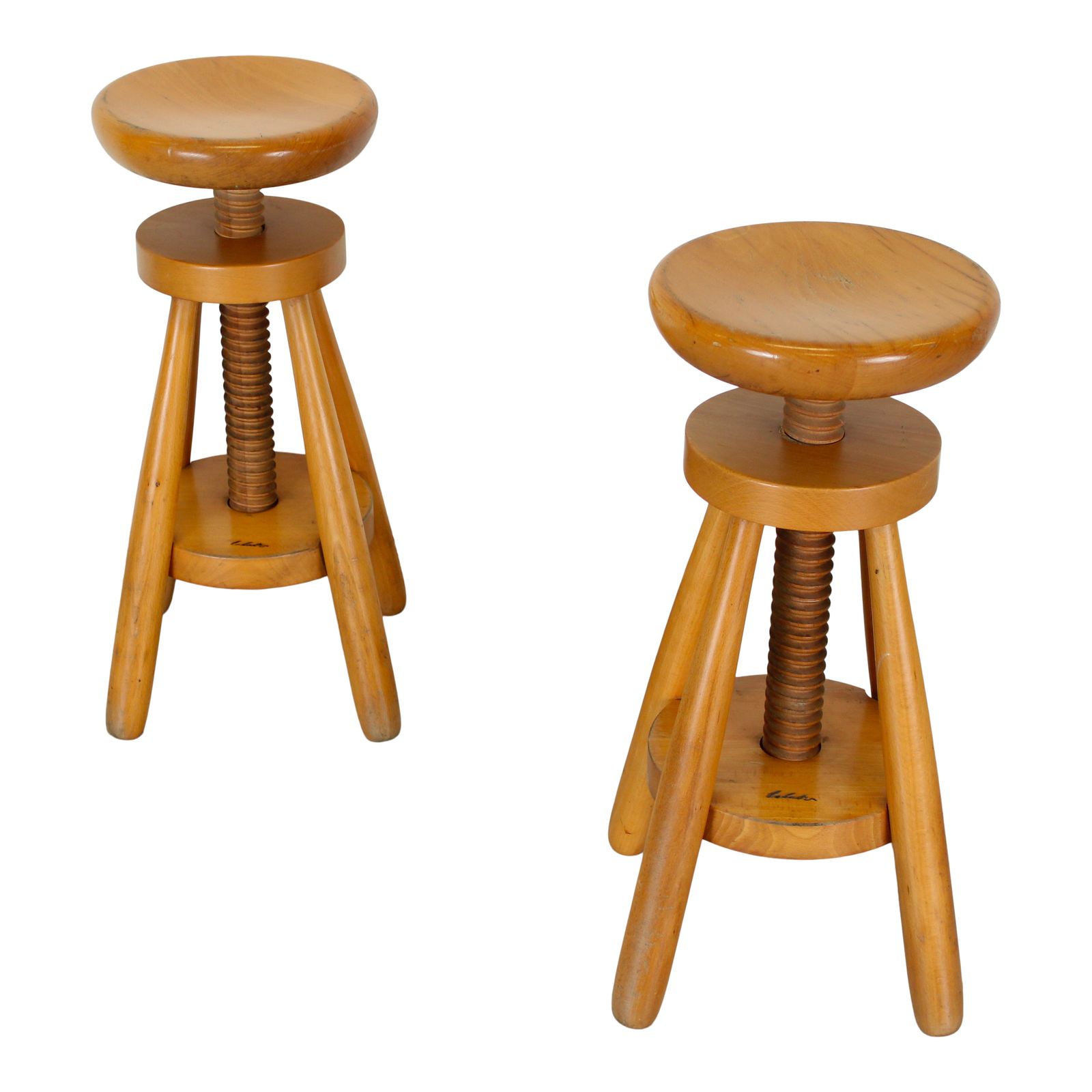 Pair Of Mid Century Modern Italian Fir Swivel Stools, 1960s, In The Style Of Charlotte Perriand photo vinterior