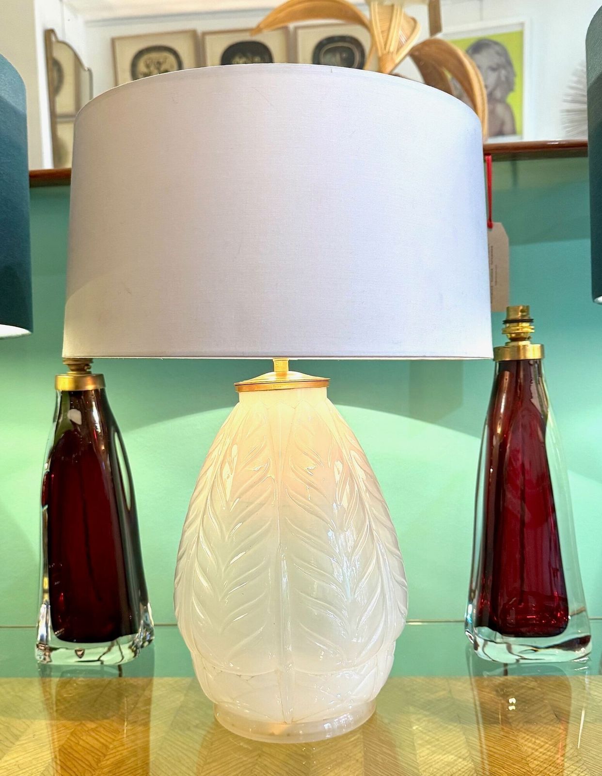 Lighting A French 1930s Cristallerie Lorraine Alsace Pressed Glass Opaline Lamp With Leaf Desgin photo