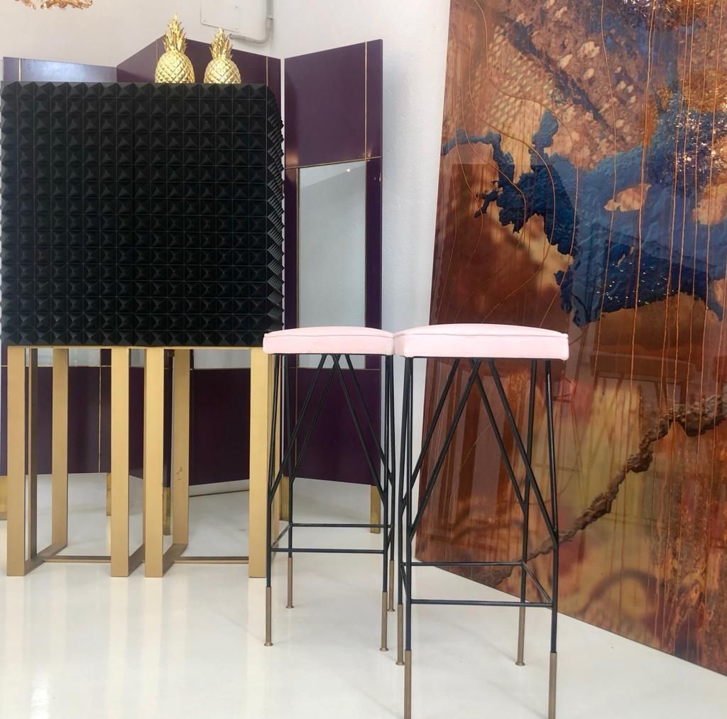 Pink Cotton Velvet And Black Lacquered Metal Italian Stools photo vinterior