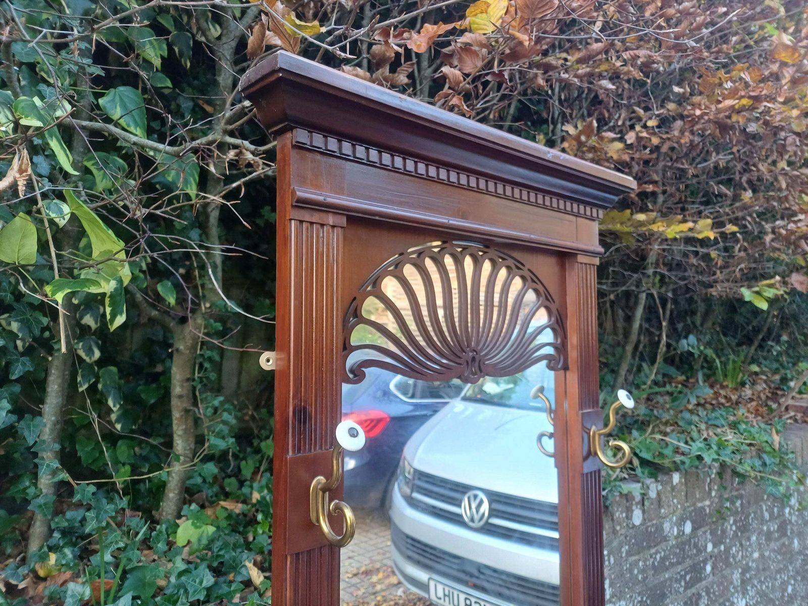 photo vintage 1980s American Wooden Hall Stand With Full Length Mirror, Brass Hooks & Marble Demi Lune Console Table Free Hand Delivery