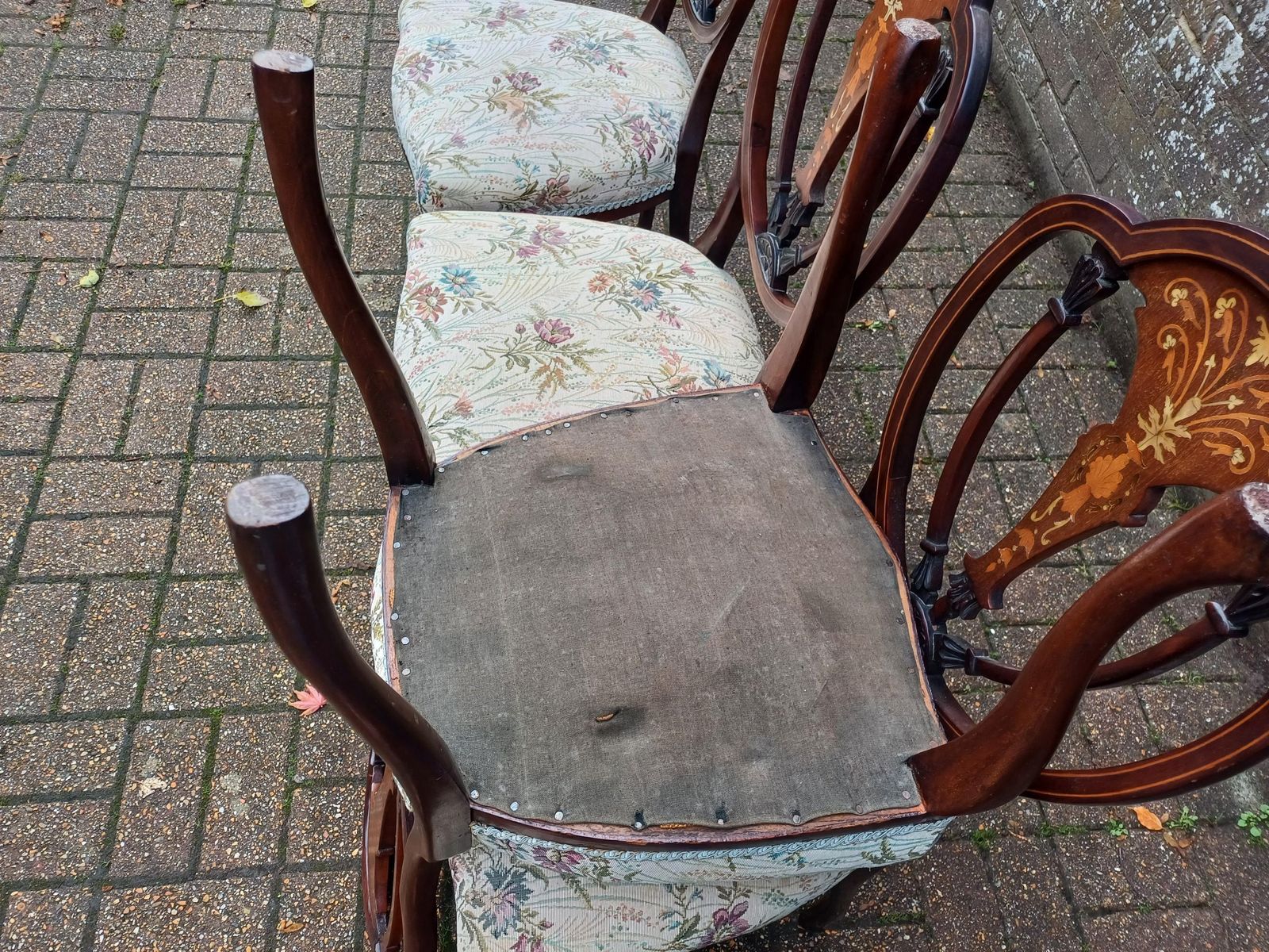 Set Of Four Late Victorian Mahogany Dining Chairs Marquetry Mother Of Pearl Inlay & Floral Jacquard Upholstery C1890s Free Hand Delivery photo Furniture