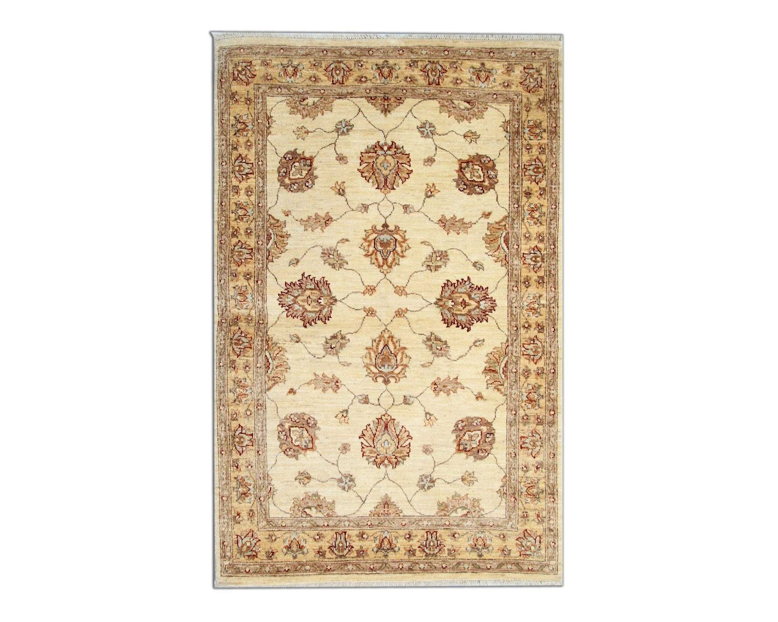 Handmade Cream Wool Rug, Traditional Floral Carpet For Bedroom Living Room 100 X 152 Cm