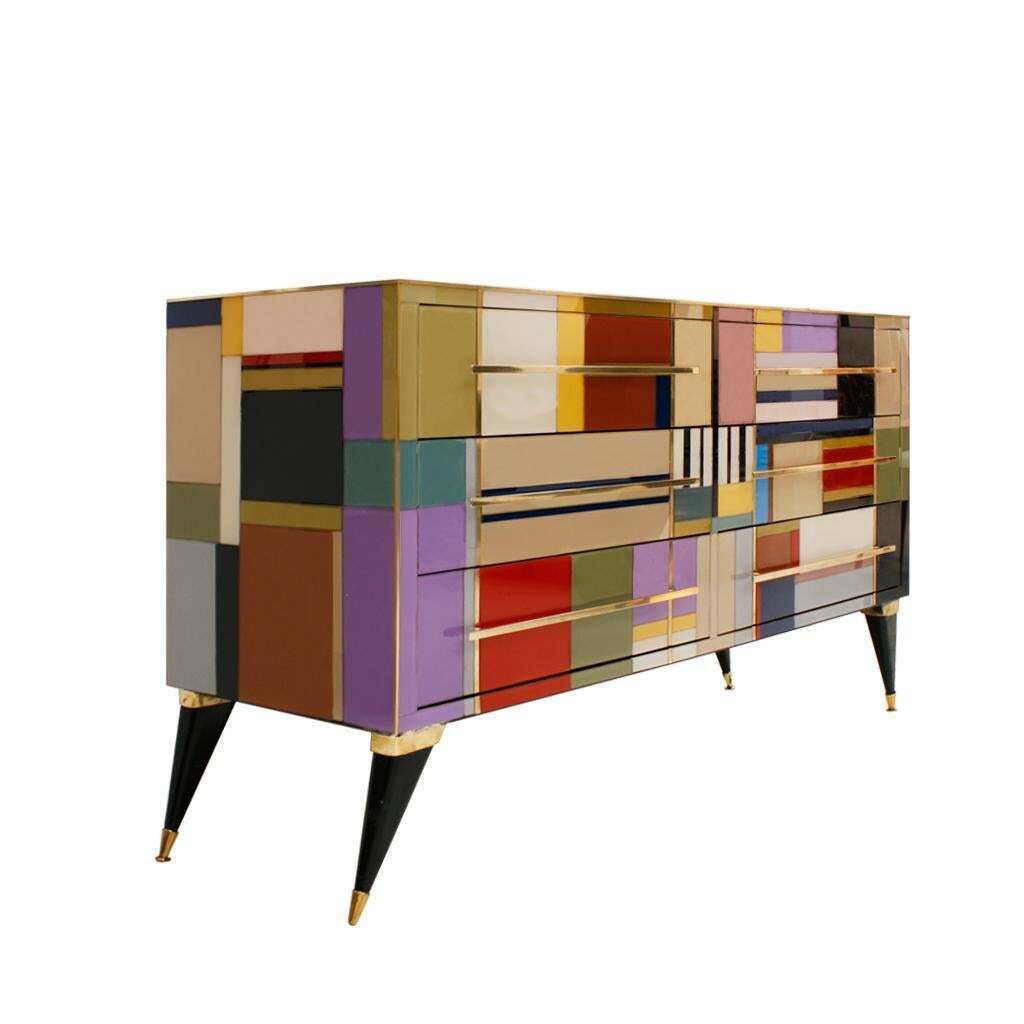 Mid Century Modern Style Murano Glass And Brass Italian Sideboard By L.A. Studio photo for sale