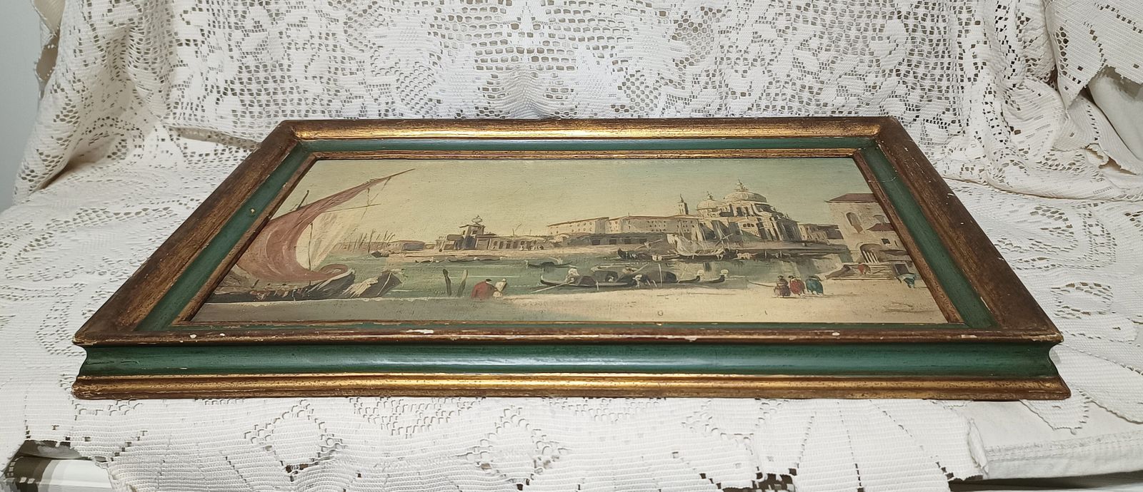 photo furniture Antique Oil Painting Venitian Scene Santa Maria Della Salute Framed.