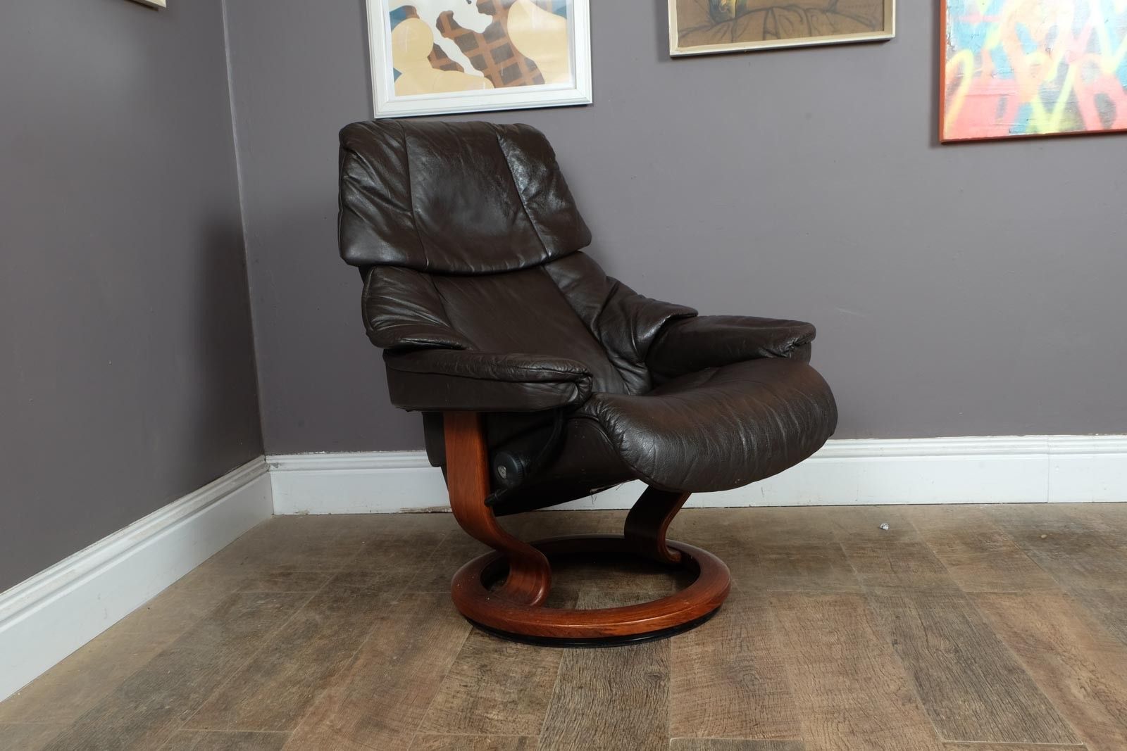 Vintage Retro Dark Brown Leather Stress Less Reclining Armchair And Footstool photo 225.0
