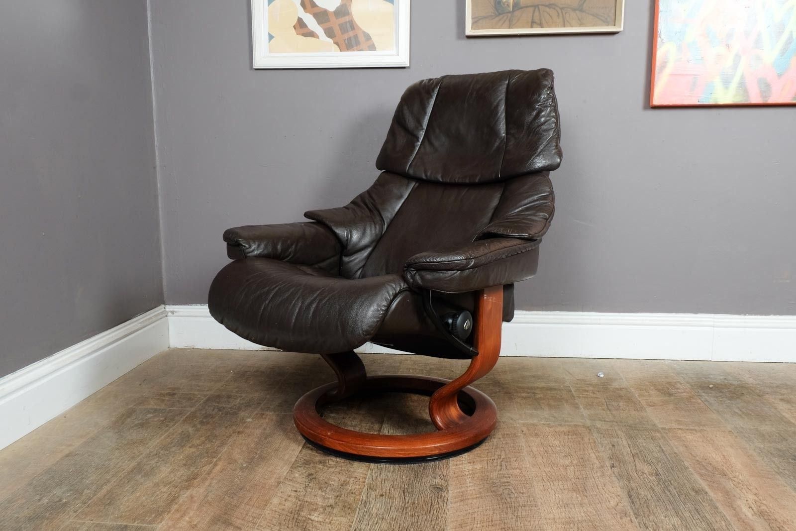 photo for sale Vintage Retro Dark Brown Leather Stress Less Reclining Armchair And Footstool