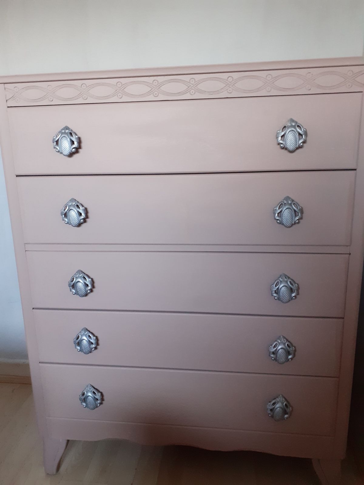 Stunning Lebus Five Drawer Chest. Hand Finished In Damask And Silver photo furniture