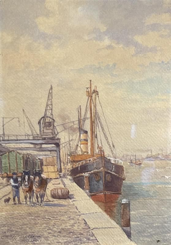 photo vinterior Emile Lhernault, Dock In Brussels, Aquarel, Jaren 1910