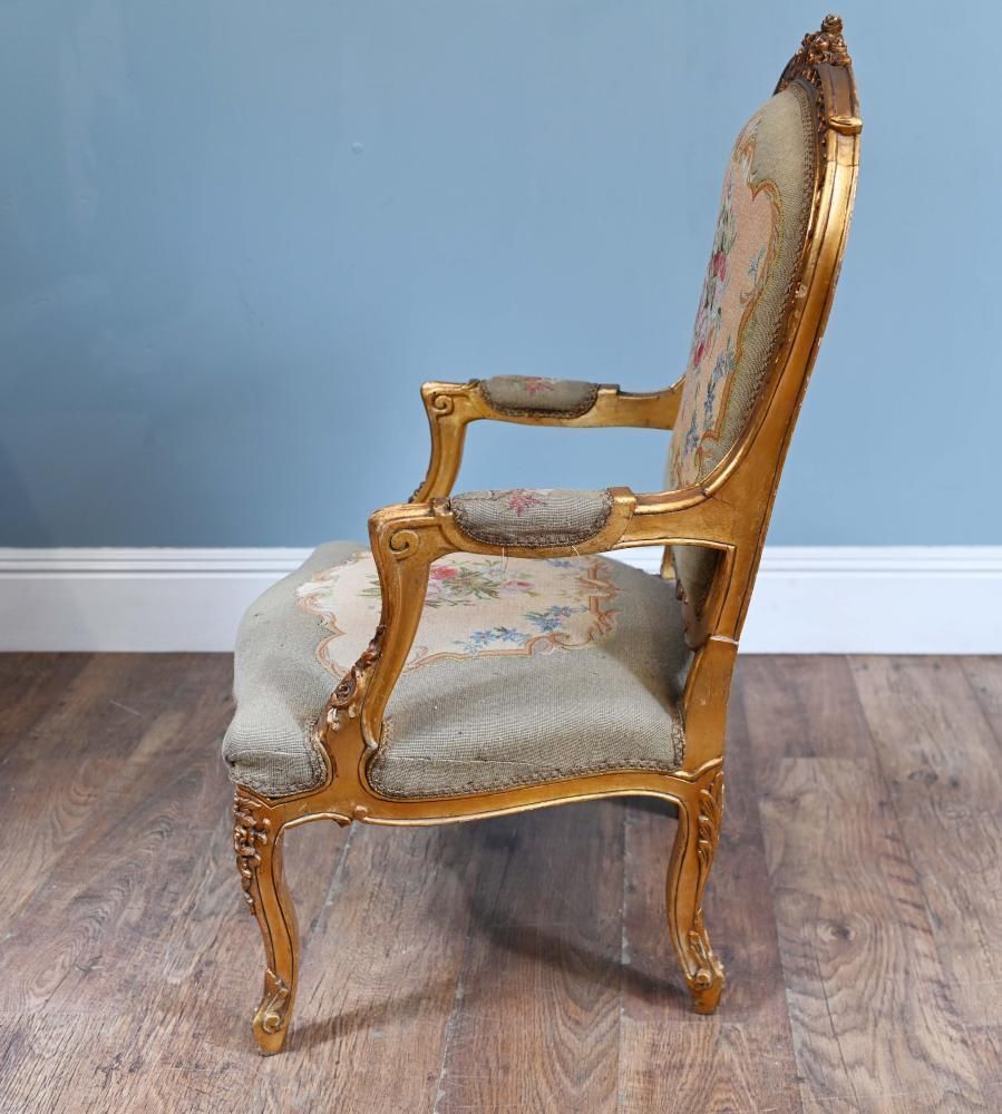 photo for sale Pair French Armchairs Louis XV Gilt Fauteuil Needlepoint