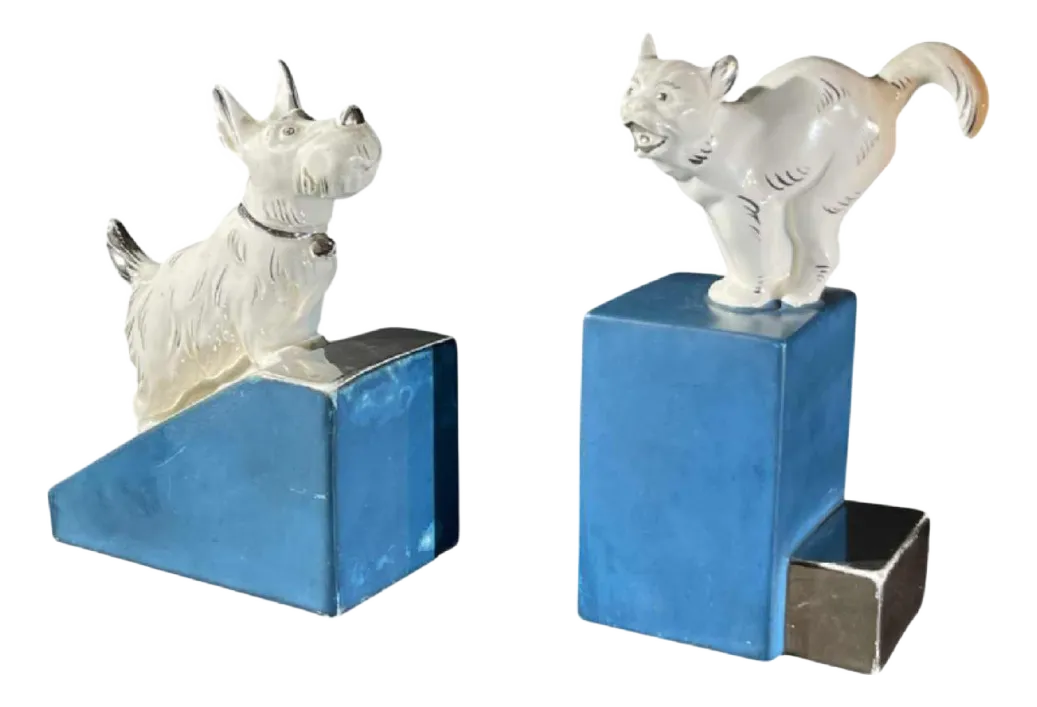 Art Deco Asymmetrical Bookends In White Blue Chrome & Ceramic, 1930s, Set Of 2