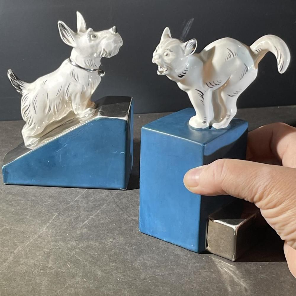 Art Deco Asymmetrical Bookends In White Blue Chrome & Ceramic, 1930s, Set Of 2 photo furniture