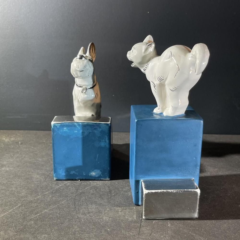 photo for sale Art Deco Asymmetrical Bookends In White Blue Chrome & Ceramic, 1930s, Set Of 2