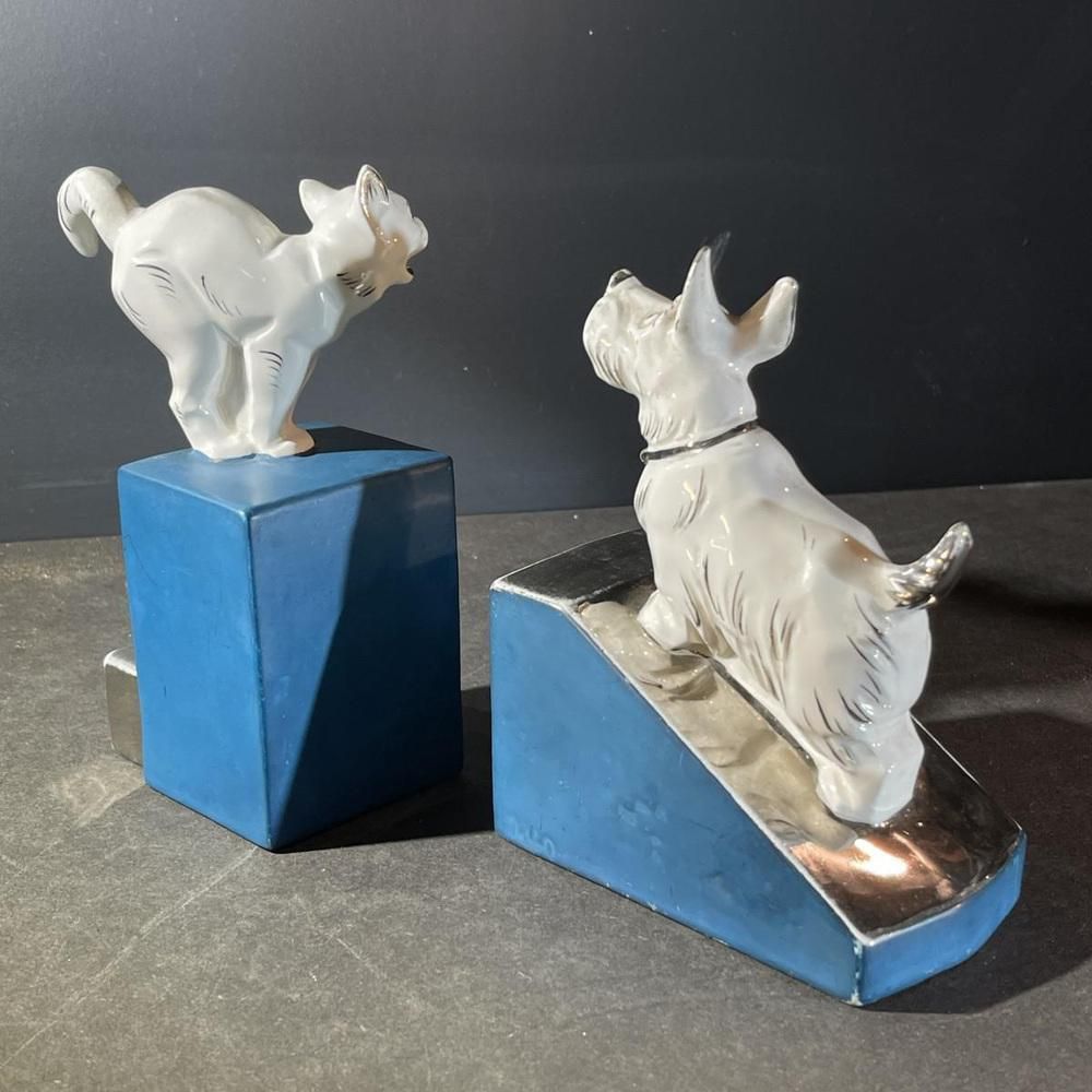 422.0 Art Deco Asymmetrical Bookends In White Blue Chrome & Ceramic, 1930s, Set Of 2 photo