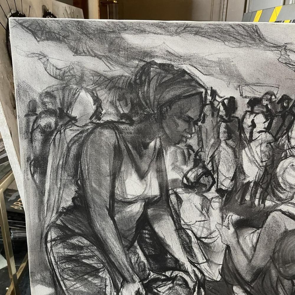Denis Matemo, Market Scene, Charcoal On Canvas, 2016 photo for sale