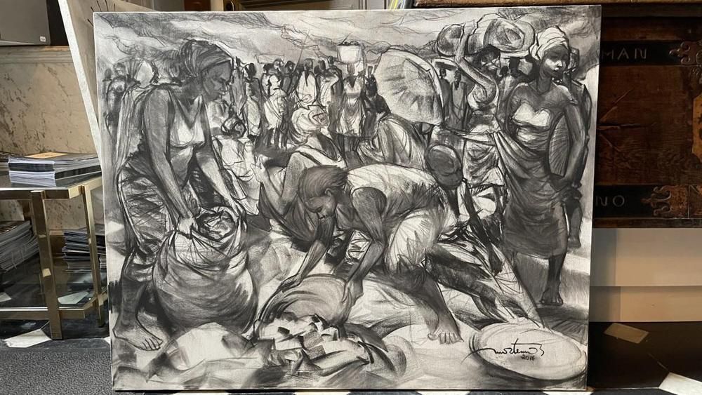 5334.0 Denis Matemo, Market Scene, Charcoal On Canvas, 2016 photo