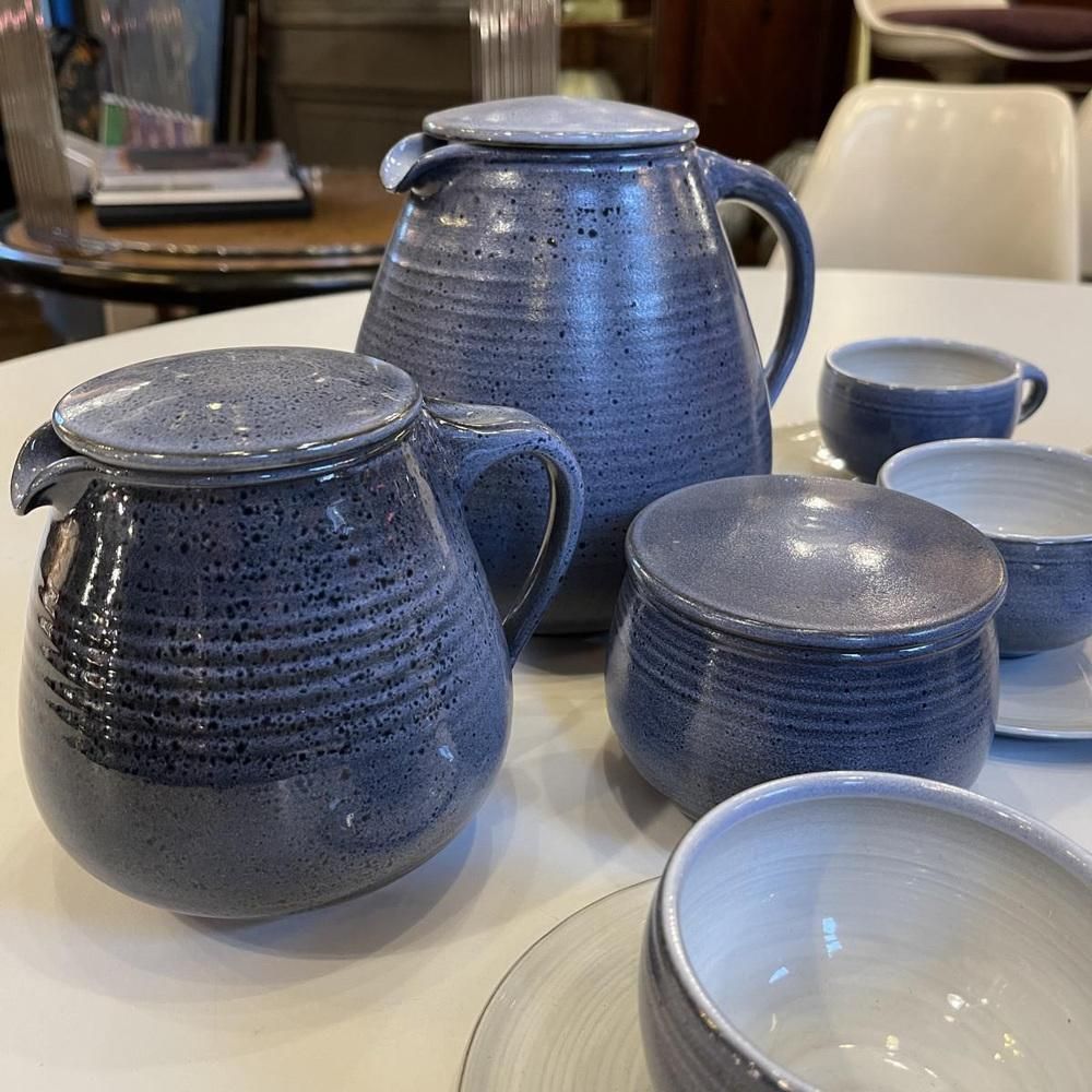 Blue Glazed Ceramic Coffee Service By Bernard Thiran, 1970s, Set Of 17 photo furniture