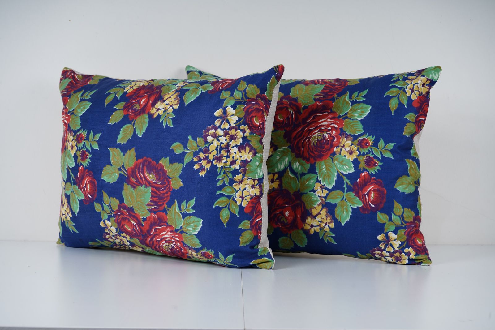 Blue Uzbek Roller Printed Lumbar Pillow Cover Set, Red Floral Cushion Covers, Handmade Boho Decor photo for sale