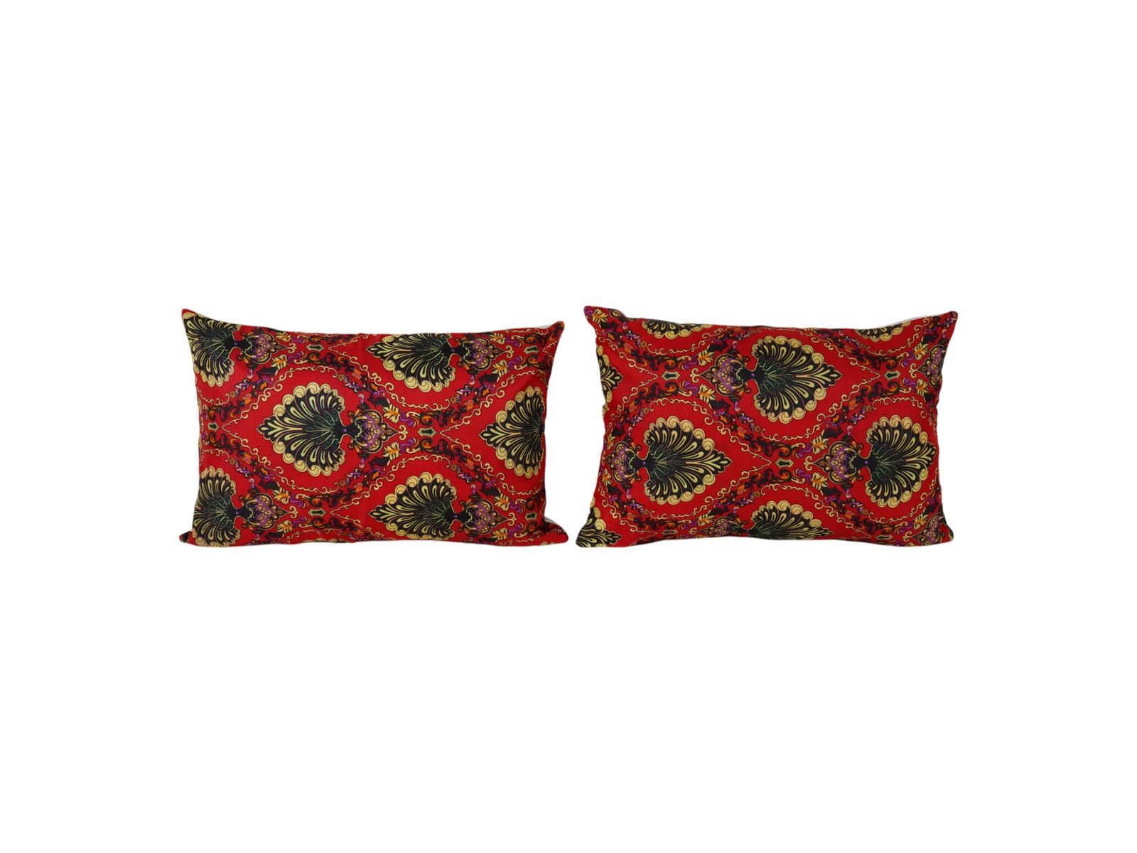 Ethnic Uzbek Roller Printed Lumbar Pillow Set, Red And Gold Handmade Cushion Cover