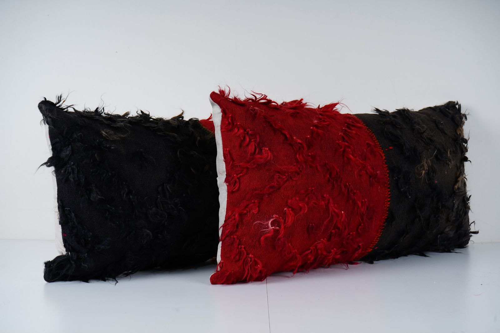 Dark Red Tulu Lumbar Pillow, Set Of Two Vintage Handwoven Cushion, Turkish Shaggy Flokati Decor photo furniture