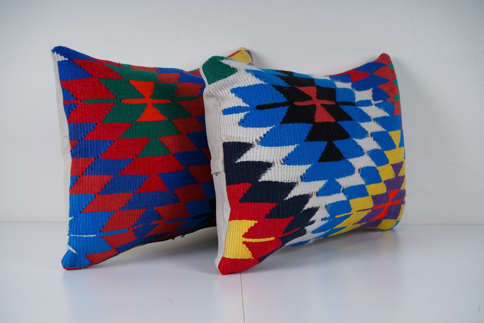 Turkish Kilim Pillow Set, Bohemian Tribal Accent Cushions photo Textiles