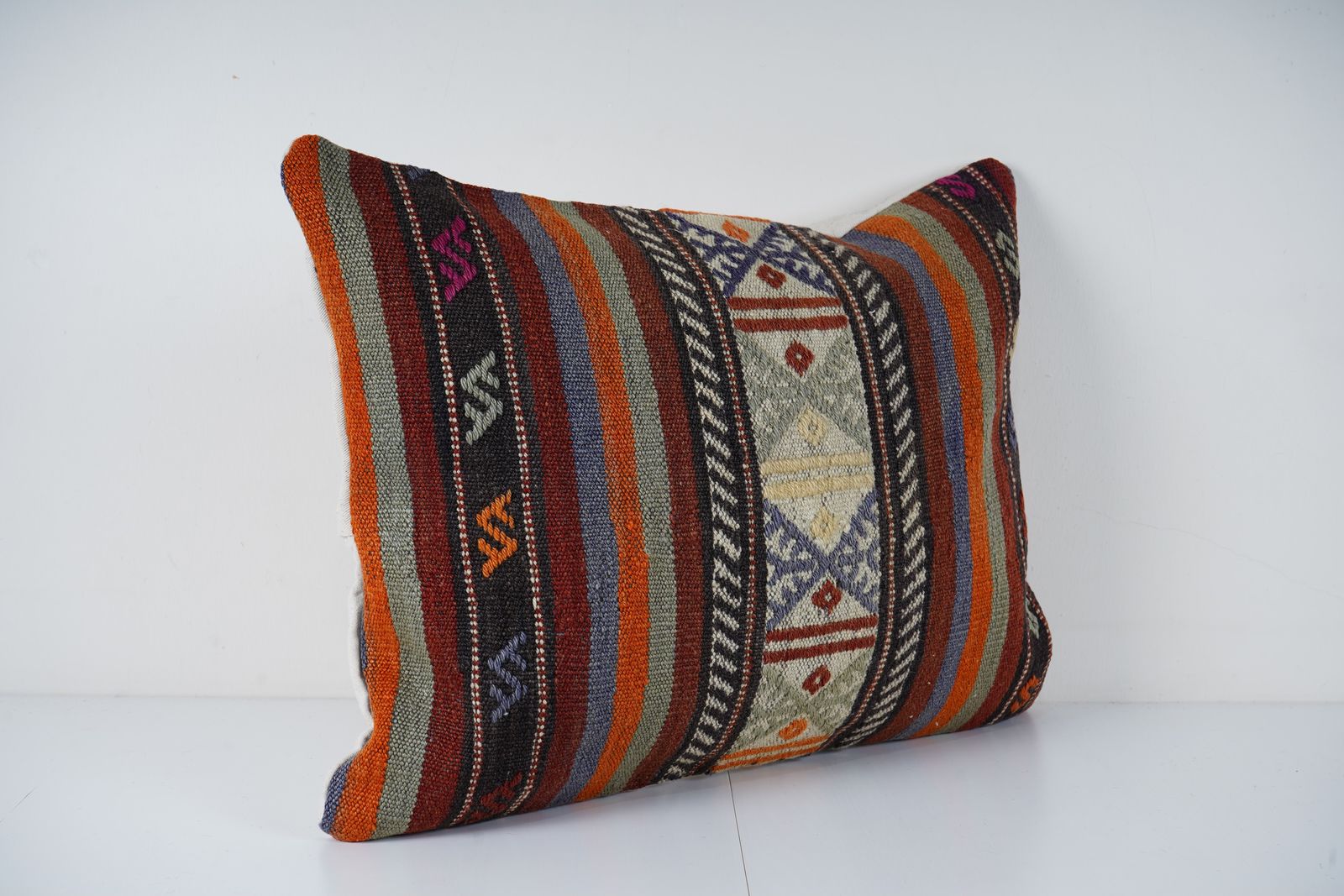 Handmade Organic Wool Lumbar Striped Lumbar Kilim Pillow Cover, Ethnic Chair Cushion Decor From Anatolian photo furniture