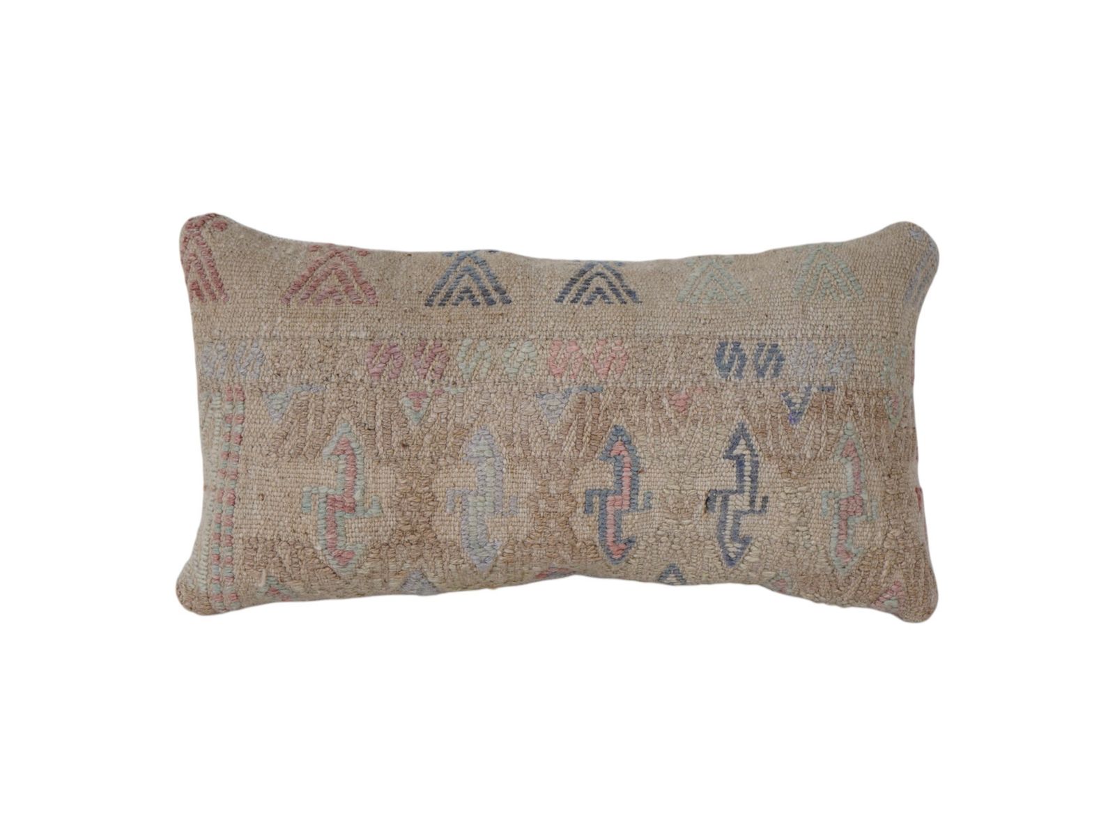 Muted Color Kilim Lumbar Pillow Cover, Vintage Turkish Textile Decor