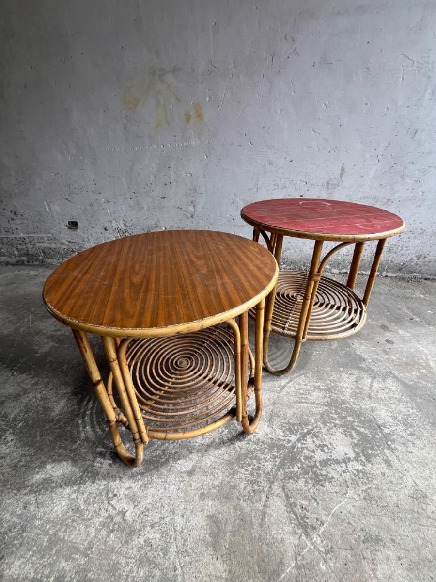 photo furniture Vintage Rattan Side Tables In The Style Of Rohé Noordwolde, Set Of 2