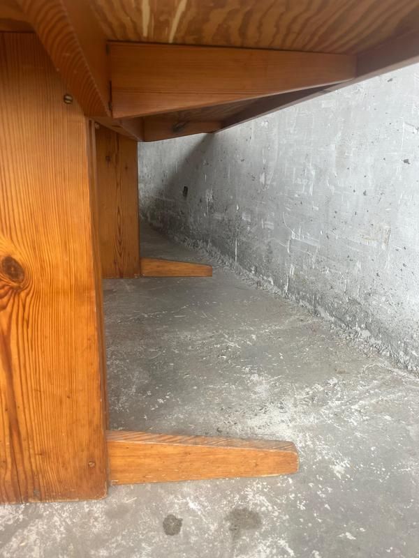 Brutalist Pine Trestle Table In The Style Of Pierre Chapo, 1970s photo for sale