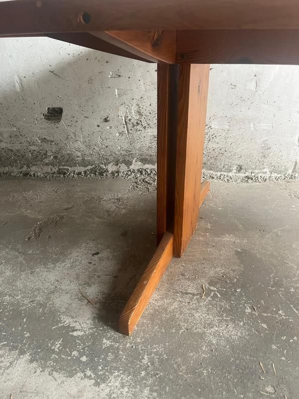 Brutalist Pine Trestle Table In The Style Of Pierre Chapo, 1970s photo vinterior