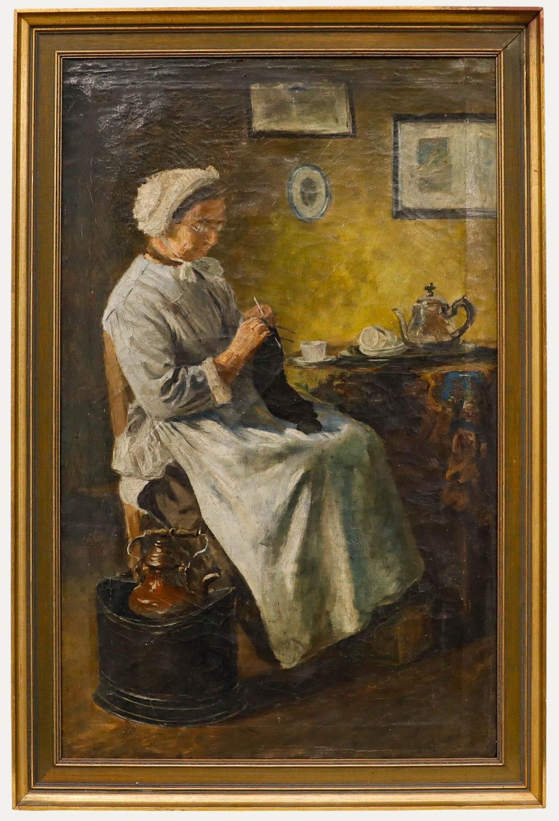 Framed Late 19th Century Oil Elderly Woman Knitting