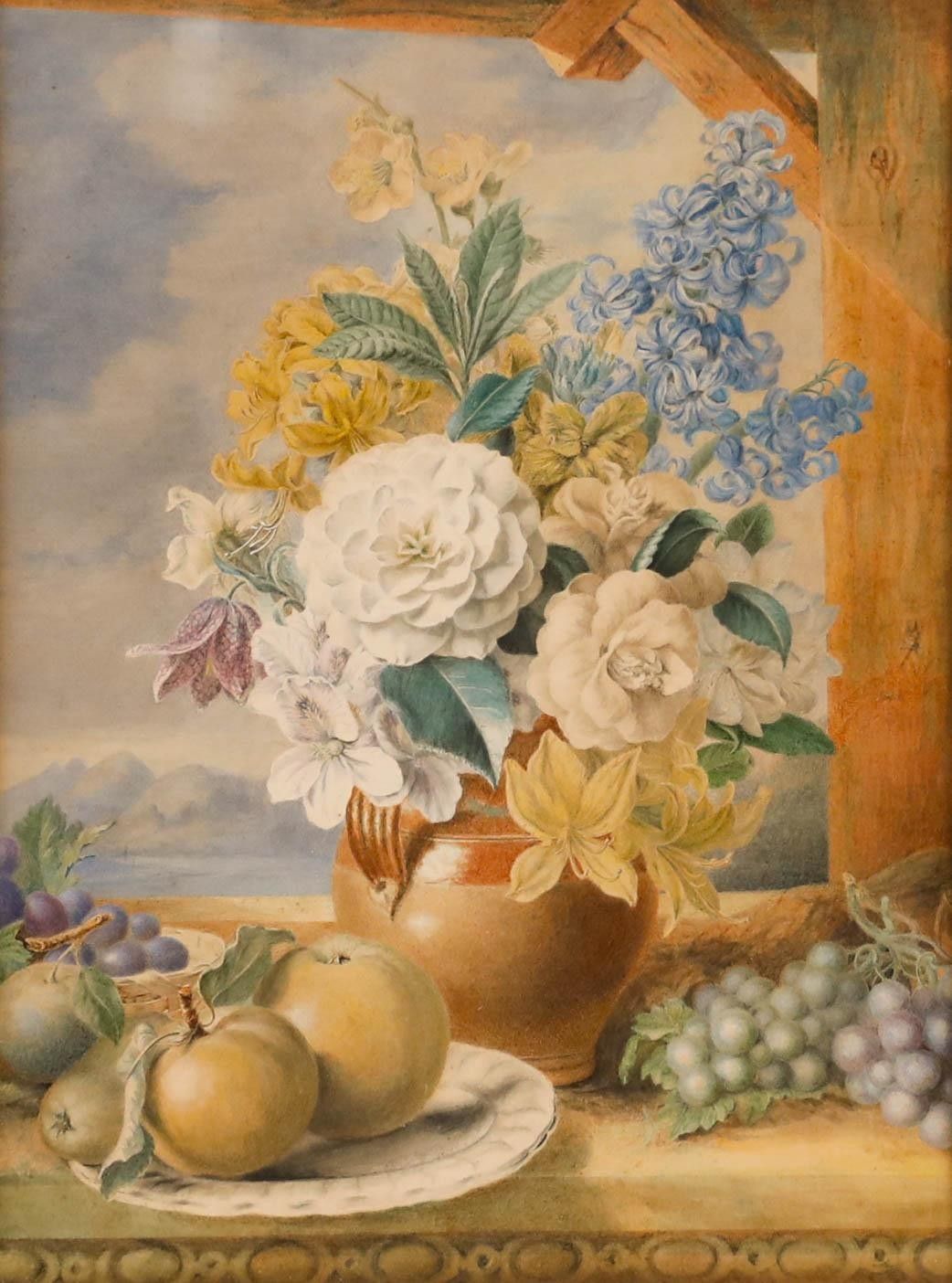 English School Late 19th Century Watercolour Still Life Of Fruit & Flowers photo furniture