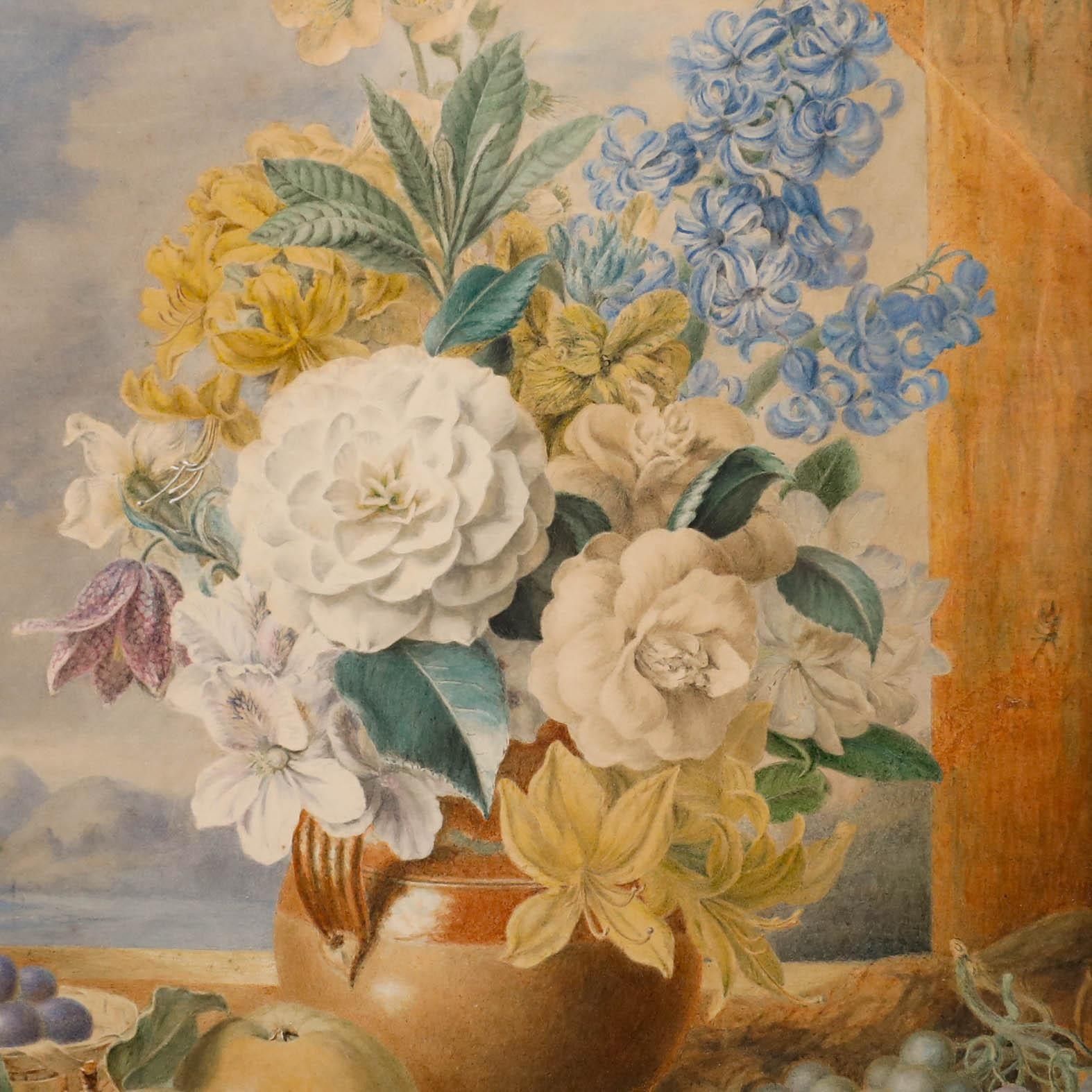 English School Late 19th Century Watercolour Still Life Of Fruit & Flowers photo Art