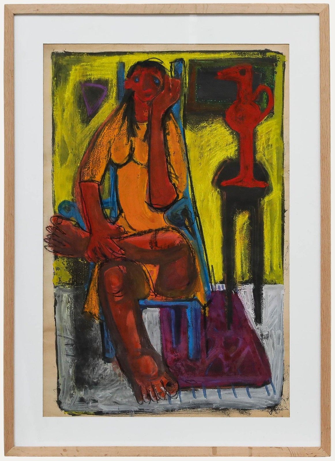 Christian Julia (1921 1991) Mid 20th Century Mixed Media, Lady And Sculpture