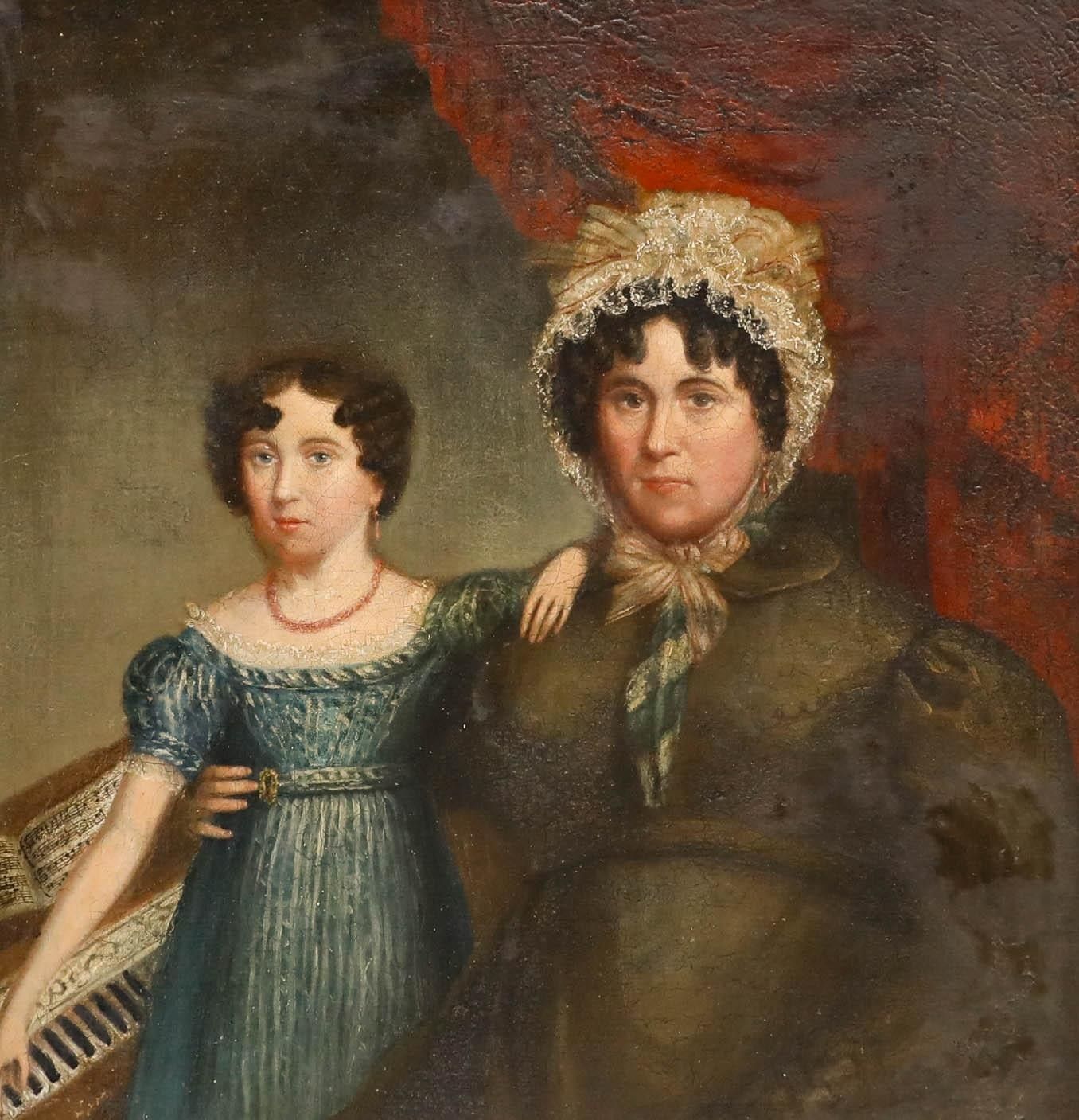 Framed 19th Century Oil Mother And Daughter By The Piano photo furniture