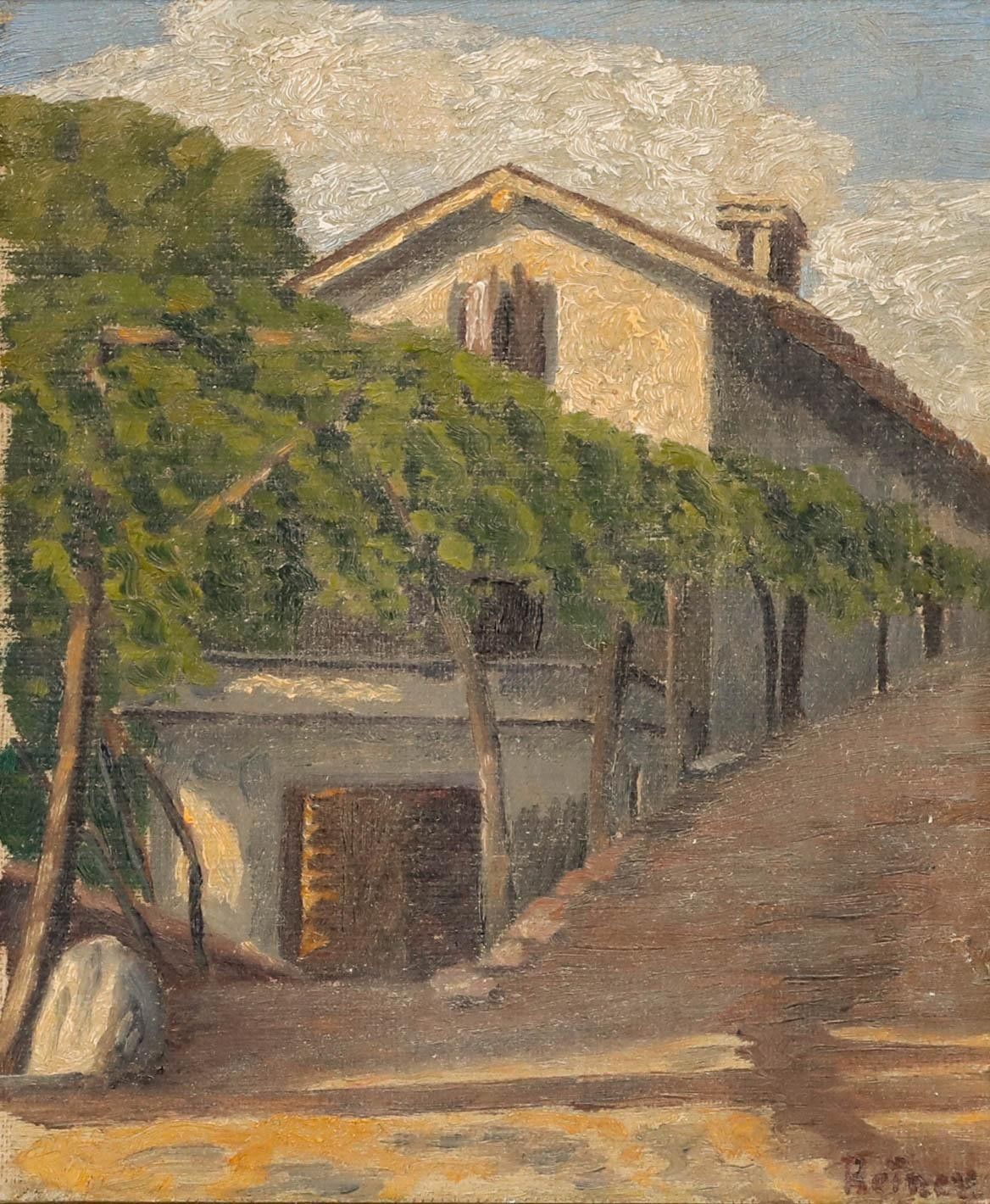 Reineu French School 1940 Oil, Village Street photo furniture