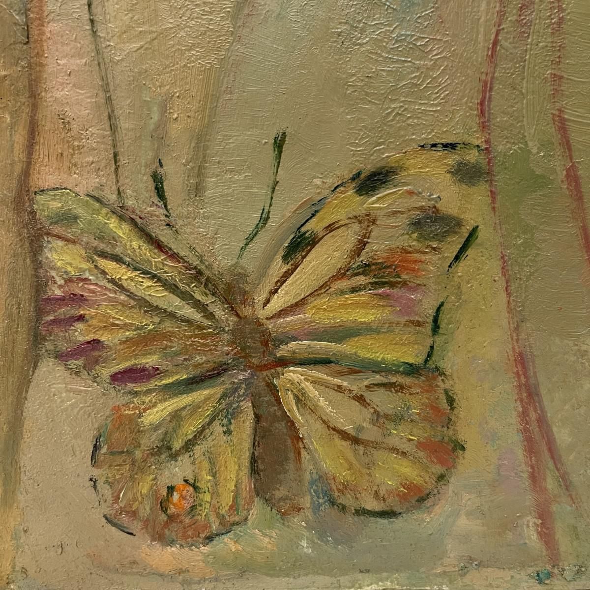 Roland Flory, The Butterflies, 3 Women's Faces, Oil Painting On Panel, 1975 photo buy
