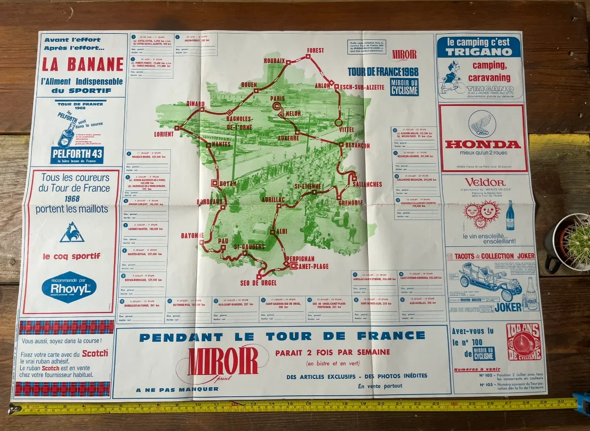 Vintage Cycling Print   Tour De France Route Map, 1968